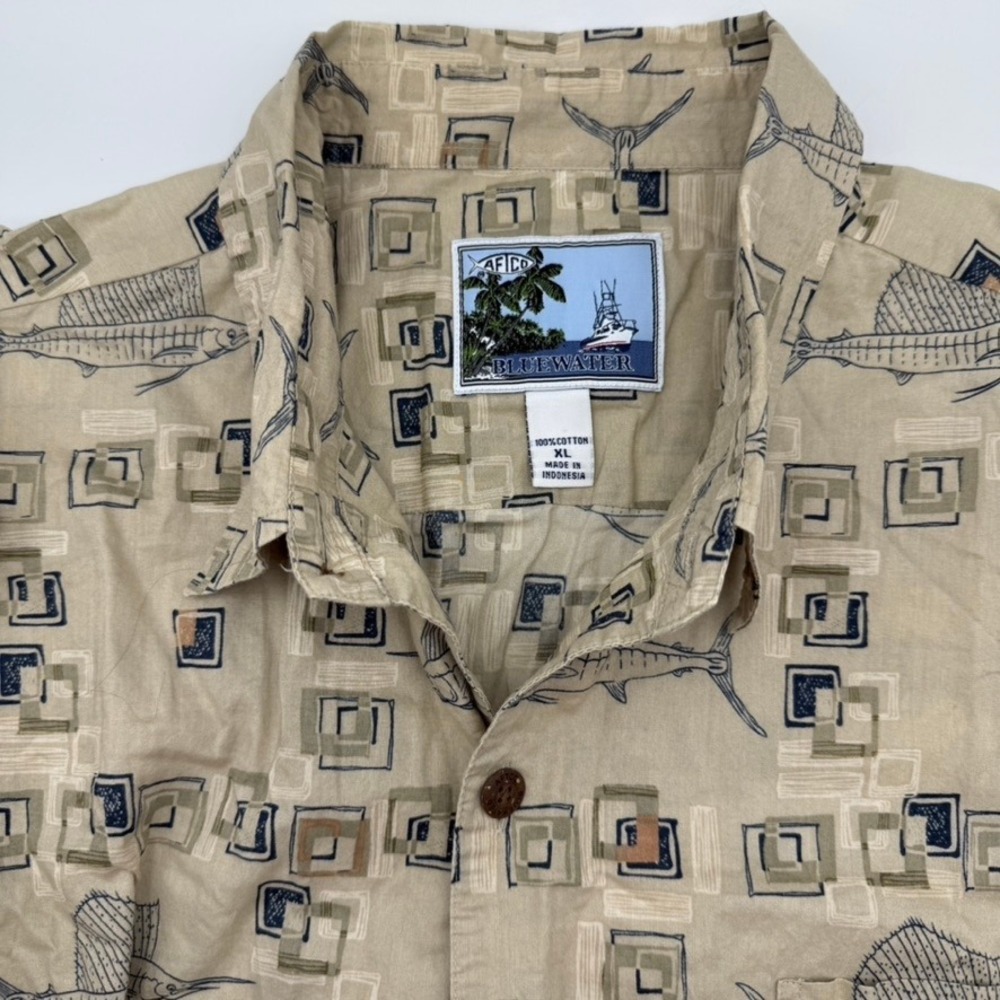 AFTCO Bluewater‎ Fishing Shirt Sailfish Print Button Up Short Sleeve Beige XL